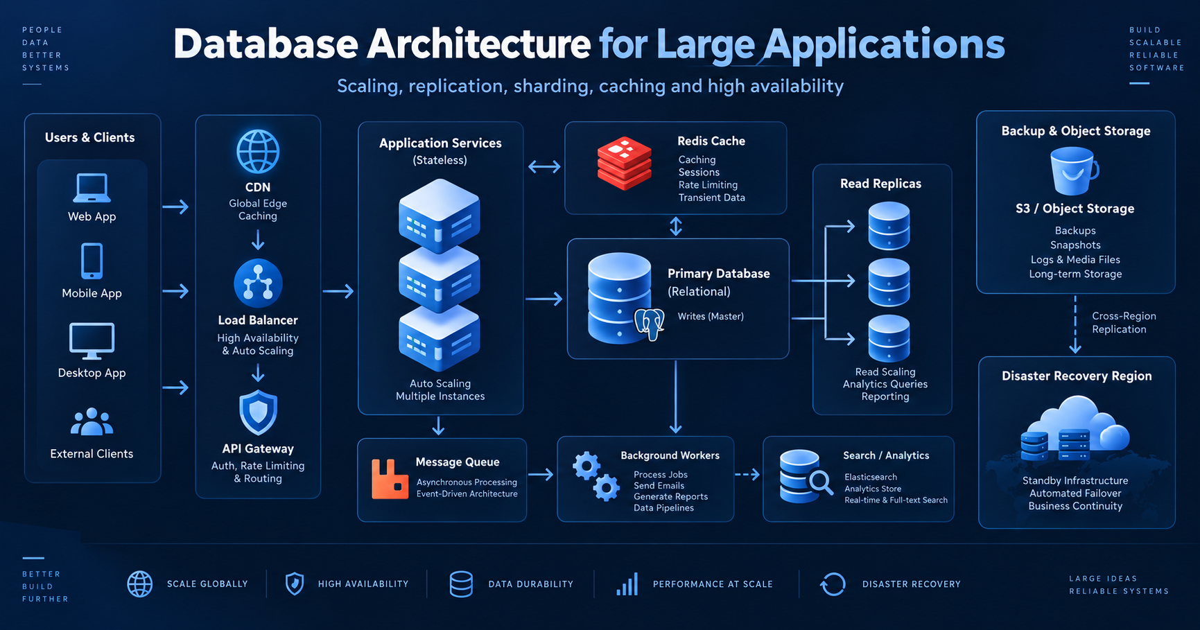 Database Architecture for Large Applications: Scaling, Replication, Sharding & Caching (2026)